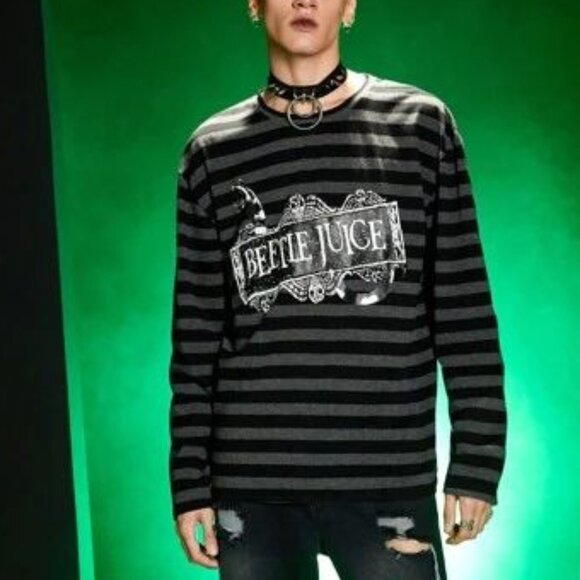 Beetlejuice S unisex Black & Gray Striped Long Sleeve Tee t shirt nwt - Picture 1 of 8